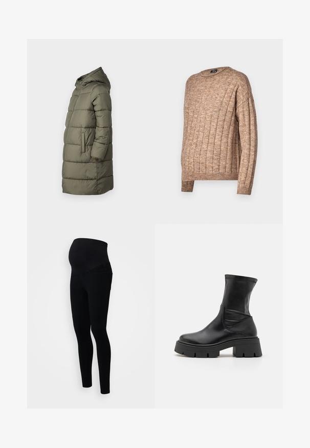 Damen Steppjacke in Olivgrün. Mit Kapuze, durchgehendem Reißverschluss, zwei Seitentaschen und einem gesteppten Design mit horizontalen Nähten.; Brauner, gerippter Pullover mit Rundhalsausschnitt, der ein strukturiertes Strickdesign aufweist. Lange Ärmel und eine lockere Passform, mit sichtbaren Nahtdetails.; Schwarze Schwangerschaftsleggings mit einem hohen Bund für Unterstützung, einer figurschmeichelnden Passform und weichem, dehnbarem Material für zusätzlichen Komfort.; RAID NOELIA - Plateaustiefelette - black