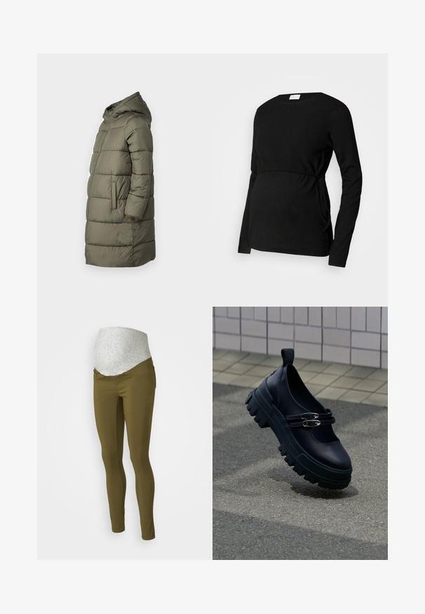 Dame puffer jakke i olivengrøn. Har hætte, hel lynlås, to sidelommer og et quiltet design med vandret syninger.; Sort langærmet graviditetstop lavet af tekstureret stof. Har en snøret talje og sidelæg, der giver justerbar pasform.; Olivenfarvede graviditetsleggings med en grå strækpanel i taljen, slim-fit design og ingen synlige detaljer eller lommer.; Sort chunky Mary Jane-sko med dobbelte sølvspænder på tekstureret fortov nær flisebelagt væg.