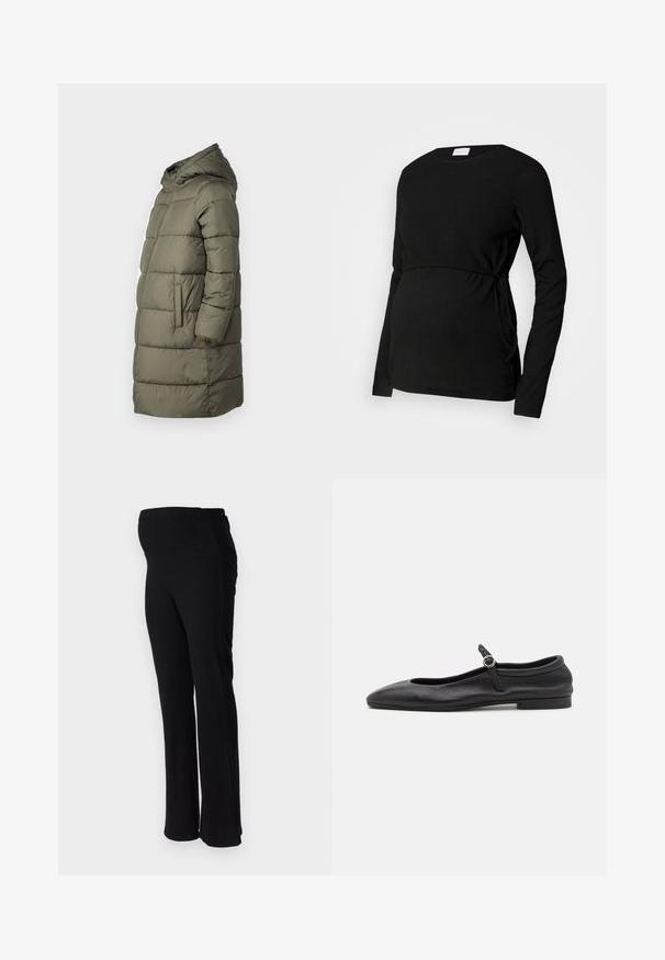 Damen Steppjacke in Olivgrün. Mit Kapuze, durchgehendem Reißverschluss, zwei Seitentaschen und einem gesteppten Design mit horizontalen Nähten.; Schwarzes Langarm-Maternity-Top aus strukturiertem Stoff. Es hat eine geraffte Taille und seitliche Bänder für eine verstellbare Passform.; ONLY MATERNITY OLMHALLE - Stoffhose - black; Schwarze Leder-Ballettschuhe mit einer abgerundeten Zehe, schmalem Vorderblatt und einem kleinen Knöchelriemen mit einer runden Schnalle. Niedrige, flache Sohle.