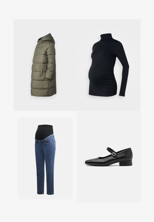Manteau matelassé pour femmes en vert olive. Doté d'une capuche, d'une fermeture éclair sur toute la longueur, de deux poches latérales et d'un design matelassé avec des coutures horizontales.; Haut à manches longues noir à col roulé en tissu extensible, conçu pour accueillir un ventre de femme enceinte, avec des détails de fronces sur les côtés.; Jeans de maternité avec des jambes en denim bleu et un panneau abdominal noir extensible conçu pour soutenir et couvrir un ventre qui s'arrondit.; Chaussures Mary Jane en cuir noir avec un embout en vernis, une sangle cheville réglable et un petit talon carré. Texture lisse et design élégant.