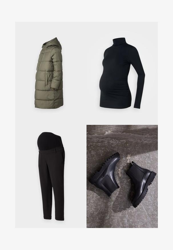 Damen Steppjacke in Olivgrün. Mit Kapuze, durchgehendem Reißverschluss, zwei Seitentaschen und einem gesteppten Design mit horizontalen Nähten.; Schwarzes Langarm-Turtleneck-Oberteil aus dehnbarem Stoff, das für einen schwangeren Bauch konzipiert ist und mit seitlichen Raffung-Details versehen ist.; Schwarze Umstandshose mit einem hohen, elastischen Bund und schmal zulaufendem Bein. Der Stoff hat eine glatte Textur mit einem leichten Glanz.; Schwarze Knöchelstiefel mit massiver Sohle, elastischen Einsätzen und einer glatten Lederoberfläche. Auffällige geriffelte Außensohle und schlanke Silhouette.