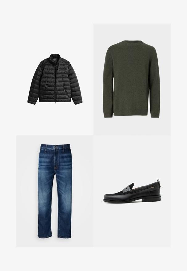 Veste matelassée noire avec fermeture éclair à l'avant, col haut et design matelassé horizontal. Comprend deux poches zippées et un logo sur la poitrine.; Pull en maille vert foncé avec un col rond, des manches longues, et des poignets et un ourlet côtelés. Texture lisse avec un motif uni.; Jean en denim droit bleu foncé avec un léger décoloration au niveau des cuisses et une fermeture à bouton à la taille, présenté sur fond blanc.; Mocassin en cuir noir avec détail de bride grise, talon bas et semelle texturée, marqué "HUGO" en or sur le côté.