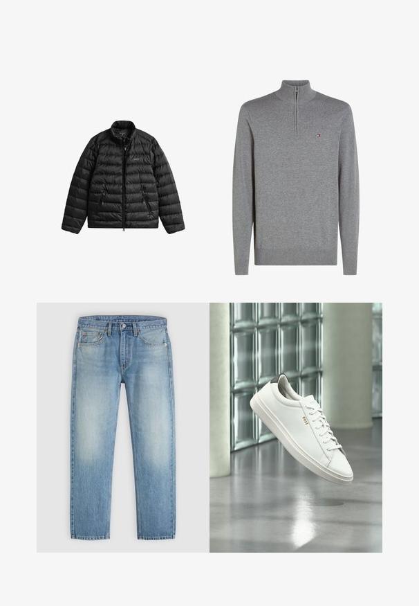 Veste matelassée noire avec fermeture éclair à l'avant, col haut et design matelassé horizontal. Comprend deux poches zippées et un logo sur la poitrine.; Pull gris à manches longues avec col à fermeture éclair quart et petit logo rectangulaire sur le côté gauche de la poitrine.; Jean en denim bleu clair avec un design classique à cinq poches et des zones décolorées sur les cuisses, posé à plat sur un fond neutre.; Baskets basses en cuir blanc avec lacets, languette de talon noire et logo « BOSS », flottant à l'intérieur près d'un mur en blocs de verre et d'un sol poli.