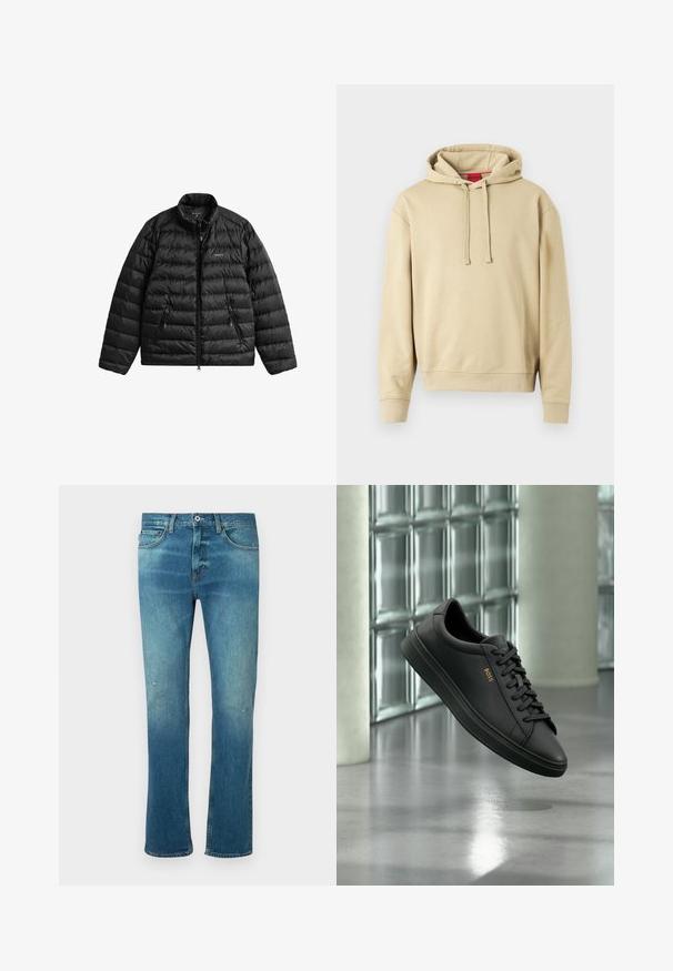 Veste matelassée noire avec fermeture éclair à l'avant, col haut et design matelassé horizontal. Comprend deux poches zippées et un logo sur la poitrine.; Sweat-shirt à capuche beige avec cordons de serrage et poignets côtelés, présentant un petit logo sur la poitrine et une étiquette rouge à l'intérieur du col.; Jean en denim bleu avec une coupe droite, présentant une finition délavée, des distresses légères au niveau des genoux et un design classique à cinq poches.; Baskets basses en cuir noir avec lacets noirs et logo BOSS doré sur le côté, flottant au-dessus d’un sol gris brillant dans un espace intérieur moderne.