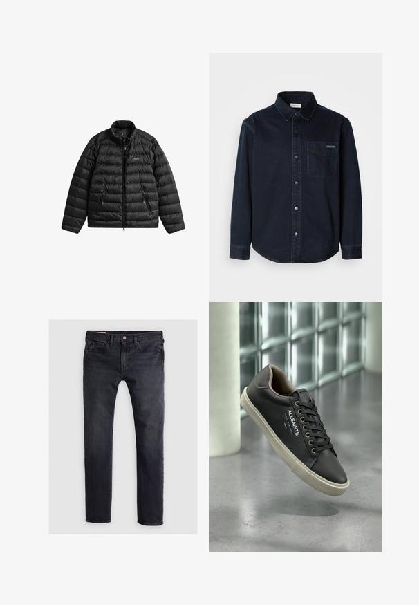 Veste matelassée noire avec fermeture éclair à l'avant, col haut et design matelassé horizontal. Comprend deux poches zippées et un logo sur la poitrine.; Chemise en denim bleu foncé à boutons, dotée d'un col classique, d'une poche avant et de détails de couture contrastants.; Jean en denim bleu foncé avec une coupe droite, présentant une fermeture par bouton à l'avant, un design à cinq poches et des zones légèrement décolorées.; Baskets en cuir noires AllSaints avec semelle blanche, lacets noirs et logo sur le côté, flottant au-dessus d'un sol gris réfléchissant.
