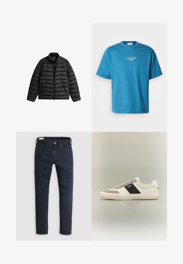 Veste matelassée noire avec fermeture éclair à l'avant, col haut et design matelassé horizontal. Comprend deux poches zippées et un logo sur la poitrine.; T-shirt en coton bleu avec col rond et manches courtes, ornée du logo "Calvin Klein JEANS" brodé en jaune, centré sur la poitrine.; Jean en denim bleu foncé avec une coupe droite, design à cinq poches, fermeture à boutons à l'avant et détails de couture minimaux.; Baskets basses blanches et gris clair avec panneau latéral noir arborant le logo "BOSS", semelle en caoutchouc texturée et lacets beiges sur fond neutre.