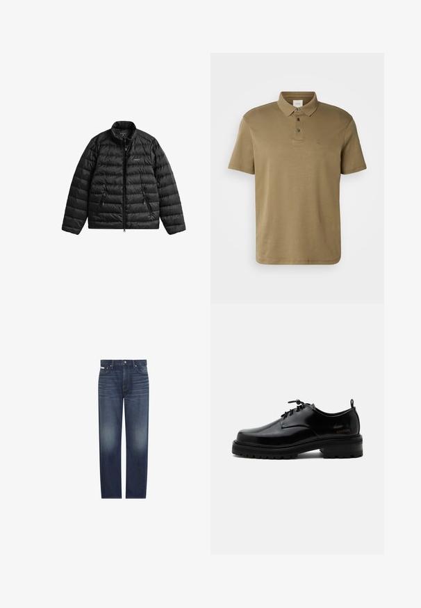 Veste matelassée noire avec fermeture éclair à l'avant, col haut et design matelassé horizontal. Comprend deux poches zippées et un logo sur la poitrine.; Polo shirt vert olive en tissu doux, avec un col classique, trois boutons et un petit logo brodé sur la poitrine.; Jean bleu foncé à coupe droite avec un léger délavage sur les cuisses et des plis près des poches avant, avec bouton frontal et passants de ceinture.; Chaussure en cuir noir poli à lacets, semelle en caoutchouc épaisse et talon bas, texte de marque "SAMSOE" sur le côté et languette arrière.