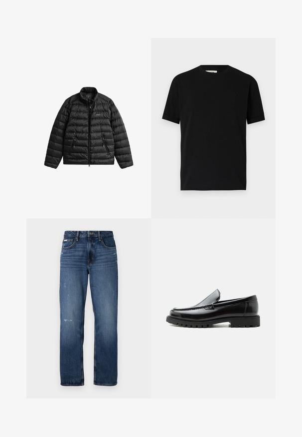 Veste matelassée noire avec fermeture éclair à l'avant, col haut et design matelassé horizontal. Comprend deux poches zippées et un logo sur la poitrine.; T-shirt noir à manches courtes en coton avec un col rond et une coupe ample. Texture lisse, sans motifs ni logos visibles.; Jeans en denim bleu avec une coupe droite. Présente des zones décolorées et un léger effet usé à l'avant, avec une fermeture classique à boutons.; Mocassin en cuir noir avec semelle en caoutchouc épaisse, dessus cousu et nom de marque embossé sur le talon, présenté de profil sur fond blanc.