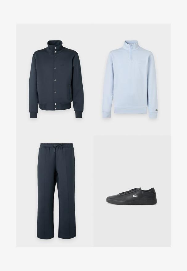 Veste sweat bleu marine avec col montant, fermeture à boutons-pression, poignets en tricot et poches latérales. Présente un logo Lacoste sur la poitrine.; Pull-over à manches longues bleu clair avec fermeture éclair quart de zip, col montant, patch de marque embossé sur la poitrine, et petit logo sur le poignet gauche.; Pantalon de sport bleu marine en matière douce et extensible. Il possède une taille à cordon de serrage, des coutures latérales et une coupe droite.; Sneaker en cuir noir avec bout arrondi, semelle plate et logo blanc sur le côté. Présente des lacets noirs et une finition lisse et mate.