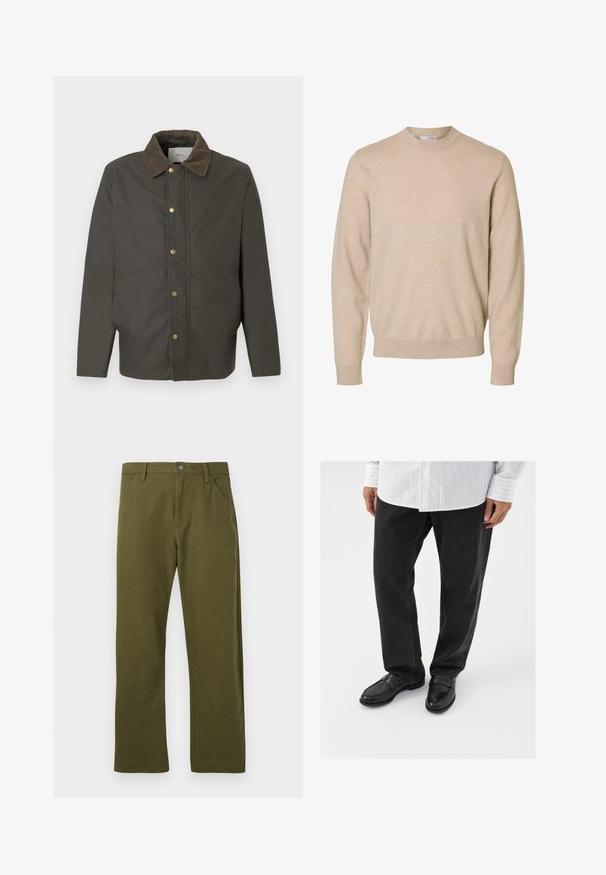 Donkerbruine jas met een corduroy kraag, voorste drukknoopsluiting en zijzakken, tentoongesteld op een effen witte achtergrond.; Beige trui met lange mouwen en ronde hals van zachte gebreide stof, met geribbelde boorden en zoom, ontworpen voor heren.; Groene katoenen broek met een rechte snit, voorzien van een ontwerp met voorzakken, een metalen knoopsluiting en subtiele stikdetails.; Zwarte denim broek gecombineerd met glanzende zwarte instappers. Het shirt is wit met dunne verticale strepen, heeft lange mouwen en een geknoopte kraag.