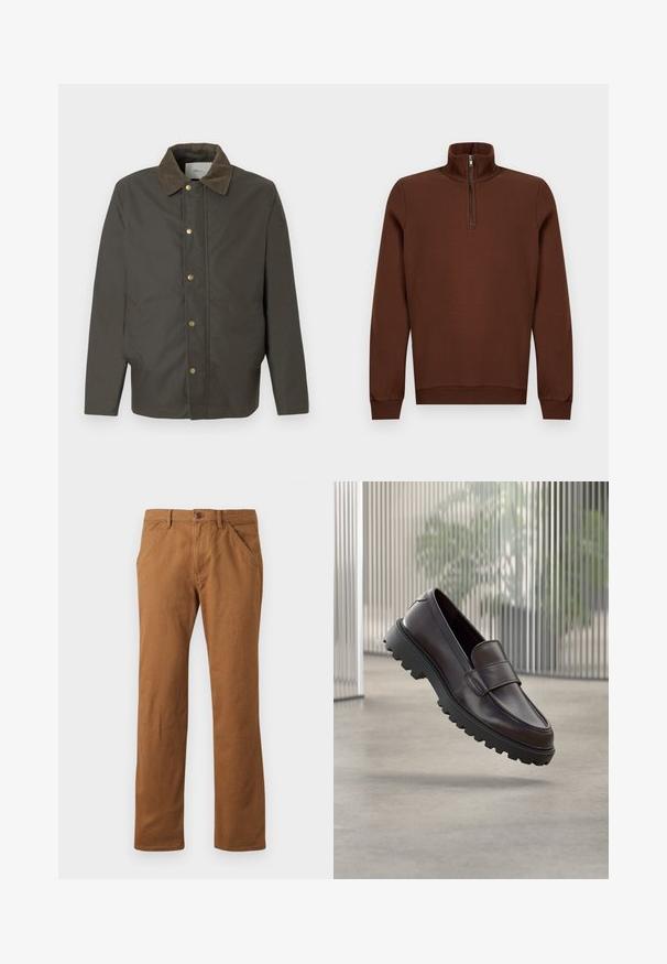 Dunkelbraune Jacke mit Cordkragen, vorderen Druckknöpfen und seitlichen Taschen, vor einem schlichten weißen Hintergrund präsentiert.; Brauner Pullover mit langen Ärmeln, Halb-Reißverschluss und hohem Kragen sowie gerippten Bündchen und Saum, auf einem schlichten Hintergrund präsentiert.; Braune Baumwollhosen mit geradem Schnitt, ausgestattet mit einem Knopfverschluss, Seitentaschen und einer glatten Textur. Geeignet für die Freizeit.; Brauner Leder-Schlupfschuh mit abgerundetem Zehenbereich und einer robusten schwarzen Gummisohle. Verfügt über einen dekorativen Riemen über dem Spann.