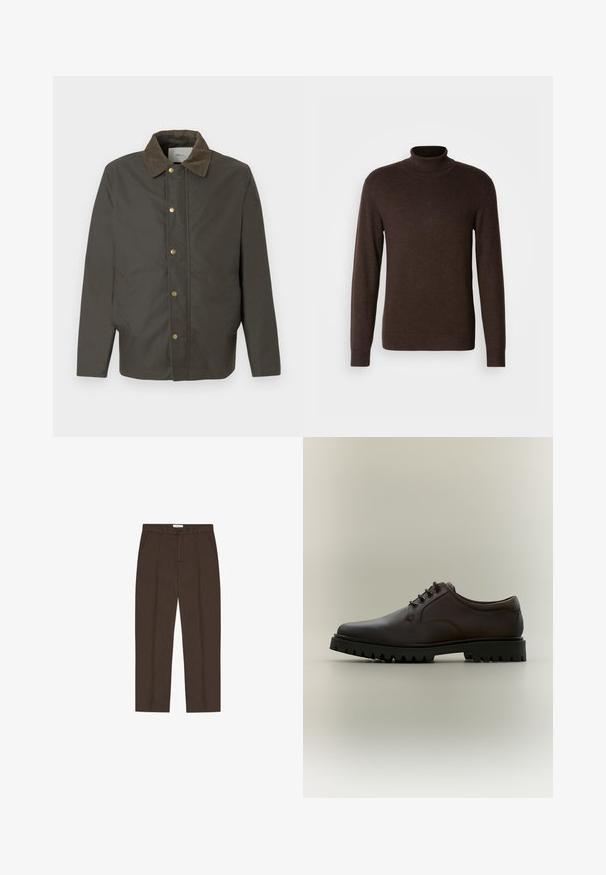 Chaqueta marrón oscura con cuello de pana, botones de presión en la parte delantera y bolsillos laterales, exhibida sobre un fondo blanco liso.; Suéter marrón de cuello alto hecho de material suave, con mangas largas y un cuello acanalado. Textura suave con un diseño ajustado.; Pantalones marrones a medida con pierna recta, trabillas para cinturón, bolsillos delanteros, botón frontal y cierre de cremallera.; Zapato marrón oscuro de cuero con cordones y suela negra gruesa y con estrías, mostrado desde el lado izquierdo sobre un fondo neutro.