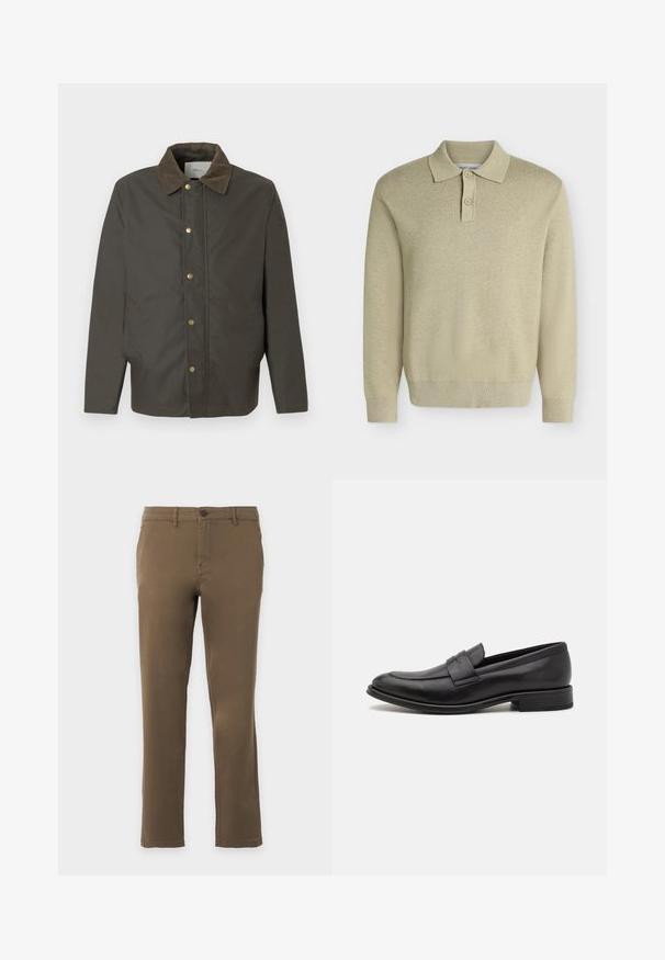 Chaqueta marrón oscura con cuello de pana, botones de presión en la parte delantera y bolsillos laterales, exhibida sobre un fondo blanco liso.; Camiseta polo beige de manga larga con cuello y dos botones, puños y dobladillo acanalados, mostrada sobre un fondo claro y liso.; Pantalones marrones de pierna recta con trabillas para cinturón, botón frontal y cierre de cremallera sobre un fondo liso y claro.; Mocasín de cuero negro con un acabado suave, una tira decorativa en la parte superior, punta redondeada y un tacón bajo apilado.