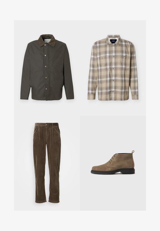Dunkelbraune Jacke mit Cordkragen, vorderen Druckknöpfen und seitlichen Taschen, vor einem schlichten weißen Hintergrund präsentiert.; Beige-braun kariertes Langarmhemd mit Knopfleiste und zwei Brusttaschen, auf weißem Hintergrund dargestellt.; Braune Cordhosen mit geradem Bein, versehen mit vertikalen Rippungen, einem Knopfverschluss und zwei frontalen Falten für zusätzlichen Detailreichtum.; Braune Wildleder-Ankle Boots mit runder Spitze, vier Ösen für die Schnürsenkel und einer schwarzen Gummisohle. Mit einer Schlaufe an der Rückseite.