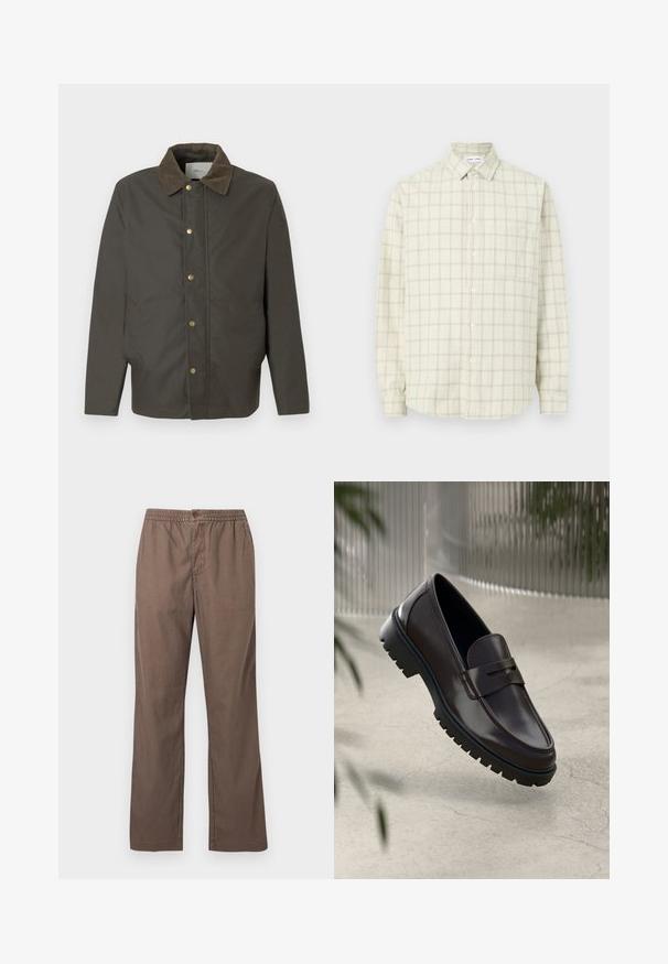 Donkerbruine jas met een corduroy kraag, voorste drukknoopsluiting en zijzakken, tentoongesteld op een effen witte achtergrond.; Beige blouse met knopen en lange mouwen, met een subtiel ruitpatroon, voorzien van een puntige kraag en een enkele borstzak op een effen achtergrond.; Bruine casual broek met elastische tailleband, knoopsluiting, rechte pijpen en voorzakken, weergegeven tegen een effen witte achtergrond.; Bruine leren loafers met een getextureerde, geribbelde rubberen zool. Beschikt over een slank ontwerp en een decoratieve band over de wreef.