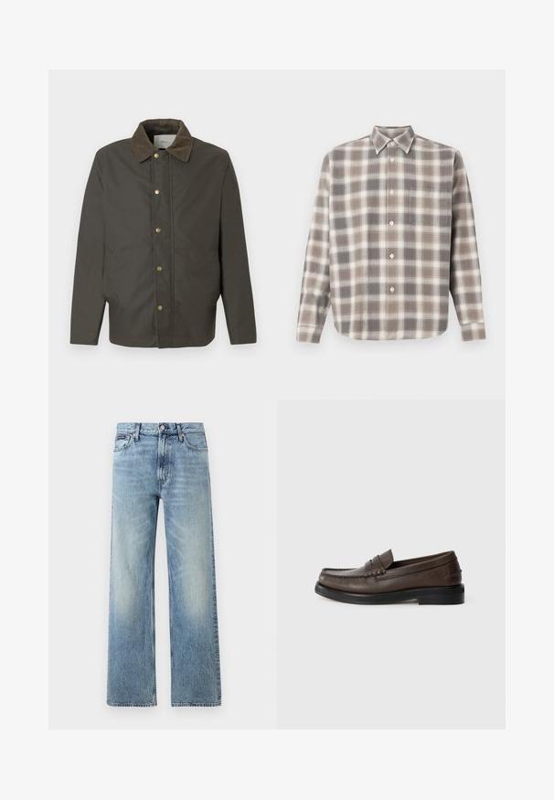 Chaqueta marrón oscura con cuello de pana, botones de presión en la parte delantera y bolsillos laterales, exhibida sobre un fondo blanco liso.; Camisa de manga larga abotonada con un patrón de cuadros en tonos beige, gris y blanco, exhibida plana sobre un fondo blanco.; Vaqueros de mezclilla azul claro de corte recto con cintura alta, cinco bolsillos, cierre de botón y sutil desgaste en los muslos y las rodillas.; Mocasín de cuero marrón con detalle cosido en la punta, suela plana y tacón bajo apilado. Textura suave con elementos de diseño minimalistas.