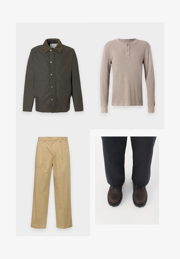 Donkerbruine jas met een corduroy kraag, voorste drukknoopsluiting en zijzakken, tentoongesteld op een effen witte achtergrond.; Beige thermoshirt met lange mouwen van gestructureerd katoen, voorzien van een ronde hals en een drieknopenpat, met ribgebreide manchetten.; Beige katoenen broek met een recht toegevoegde pasvorm, voorzien van voorplooien en zijzakken. De stof heeft een gladde, zachte textuur.; Bruine leren veterschoenen met een ronde neus, zwarte rubberen zool en textuurdetails, gecombineerd met loszittende donkere broek.