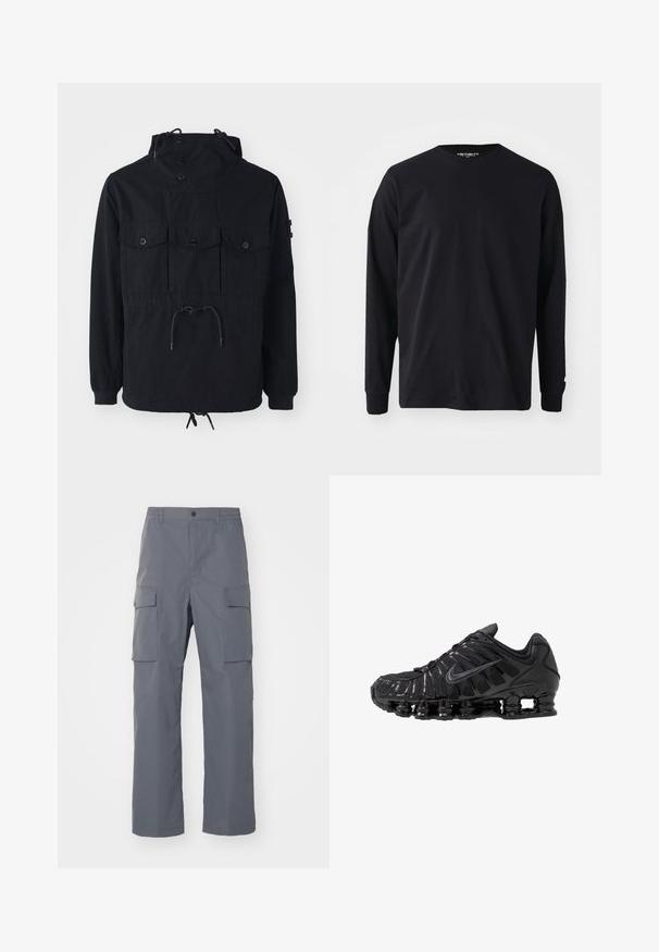Schwarze leichte Jacke mit einer Kordelzugkapuze, mehreren Vorderaschen und einem taillierten Bund. Glattes Material mit lässiger Passform.; Schwarzes Langarm-T-Shirt aus Baumwolle mit rundem Halsausschnitt und geradem Schnitt, mit einem kleinen Logodetail am Ärmel.; Grau Cargo-Hosen aus strapazierfähigem Stoff. Zu den Merkmalen gehören ein elastischer Bund, zwei große Seitentaschen und ein gerader Schnitt.; Schwarze Sportschuhe aus Mesh- und synthetischen Materialien mit einem markanten wellenförmigen Design, schwarzer Gummisohle und reflektierenden Akzenten.
