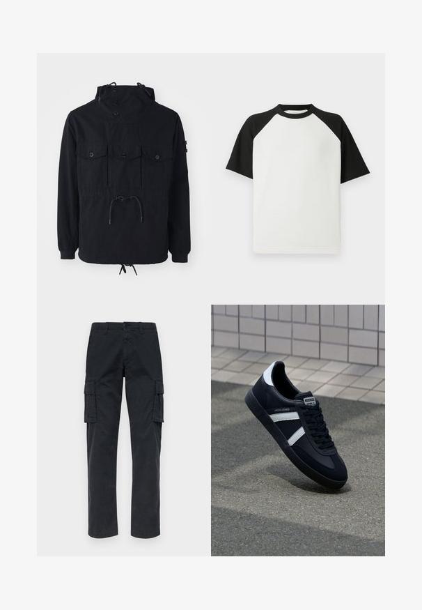 La chaqueta ligera negra presenta una capucha con cordón, múltiples bolsillos delanteros y una cintura ajustada. Tejido suave con un corte relajado.; Camiseta de manga corta en blanco y negro con textura acanalada; cuenta con mangas raglán y cuello redondo.; Pantalones cargo negros confeccionados en una tela resistente, que cuentan con dos bolsillos laterales, piernas rectas y un cierre de botón en la cintura.; Zapatilla de cuero negra con rayas blancas, suela de goma texturizada y parte frontal con cordones. Cuenta con una etiqueta de marca en la lengüeta.
