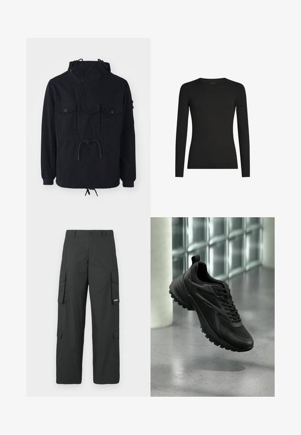 Schwarze leichte Jacke mit einer Kordelzugkapuze, mehreren Vorderaschen und einem taillierten Bund. Glattes Material mit lässiger Passform.; Schwarzes, langärmeliges, figurbetontes T-Shirt mit Rundhalsausschnitt und dezentem Icebreaker-Logo auf dem linken Ärmel, dargestellt vor weißem Hintergrund.; Schwarze gerade Cargo-Hosen mit seitlichen Klappentaschen, Druckknopfverschluss, Gürtelschlaufen und kleinem weißen Logo auf der Klappentasche rechts.; Schwarzer Sportschuh mit strukturierter Sohle und Schnürsenkeln, schwebend über einem grauen Boden vor einer Glasbausteinwand.