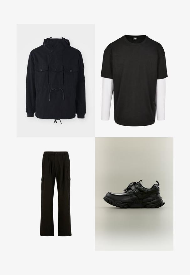 Schwarze leichte Jacke mit einer Kordelzugkapuze, mehreren Vorderaschen und einem taillierten Bund. Glattes Material mit lässiger Passform.; Schwarzes T-Shirt mit kurzen Ärmeln, darunter mit einer weißen Langarm-Schicht. Aus Baumwolle gefertigt, mit Rundhalsausschnitt und lockerer Passform.; Urban Classics WIDE - Cargohose - black; Schwarzer klobiger Sportschuh mit verstellbarem Riemen, Schnürzug und robustem Profil, seitlich auf neutralem Hintergrund dargestellt.