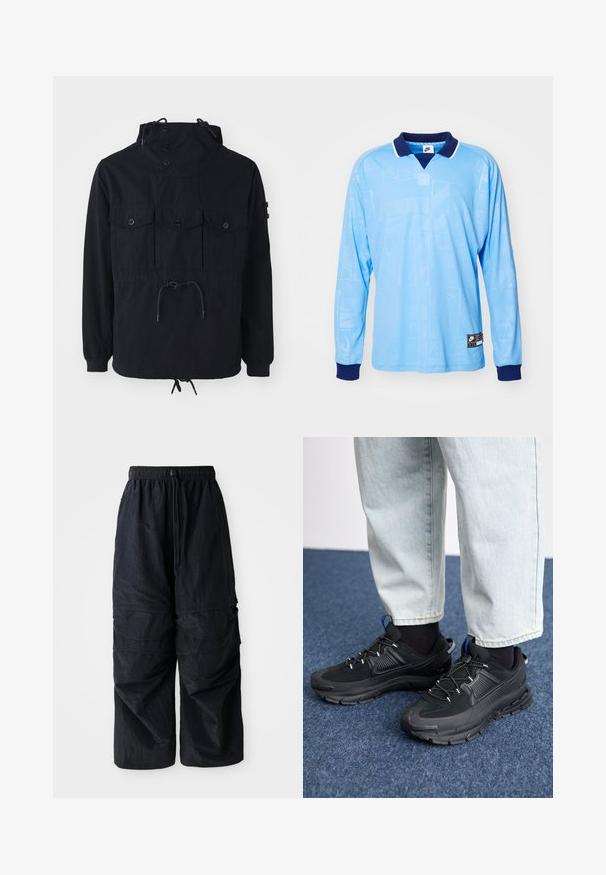 Schwarze leichte Jacke mit einer Kordelzugkapuze, mehreren Vorderaschen und einem taillierten Bund. Glattes Material mit lässiger Passform.; Hellblauses Langarm-Polohemd mit marineblauem Kragen und Bündchen, das ein dezentes Allover-Muster und Nike-Logoprint am unteren Saum aufweist.; Schwarze, leichte Nylon-Cargohosen mit elastischem Bund, verstellbarem Kordelzug und mehreren geschichteten Taschen an den Beinen.; Schwarze Sportschuhe aus strukturiertem Stoff mit Gummisohlen, ausgestattet mit elastischen Schnürsenkeln und einem blauen Akzent an der Ferse. Getragen mit hellen Jeans.