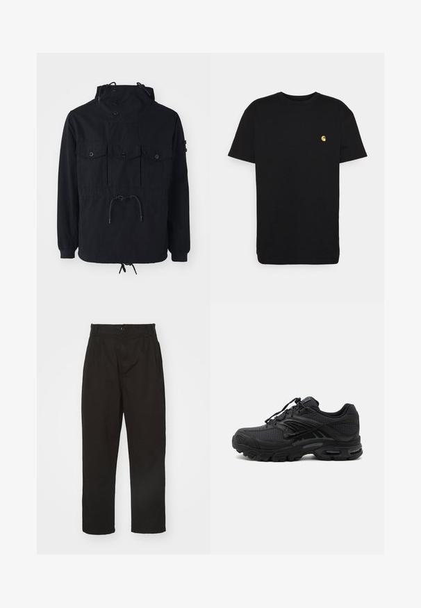 Schwarze leichte Jacke mit einer Kordelzugkapuze, mehreren Vorderaschen und einem taillierten Bund. Glattes Material mit lässiger Passform.; Schwarzes Baumwoll-T-Shirt mit kurzen Ärmeln, Rundhalsausschnitt und einem kleinen gelben Logo im linken Brustbereich. Einfaches Design und normale Passform.; Schwarze Hose aus glattem Stoff, mit Knopfverschluss, geradem Schnitt und zwei vorderen Falten für zusätzlichen Detail.; Schwarzer athletischer Sneaker mit strukturiertem Stoff, dicker gepolsterter Sohle, Luftauslässen und Schnürverschluss, von der Seite auf hellem Hintergrund gezeigt.