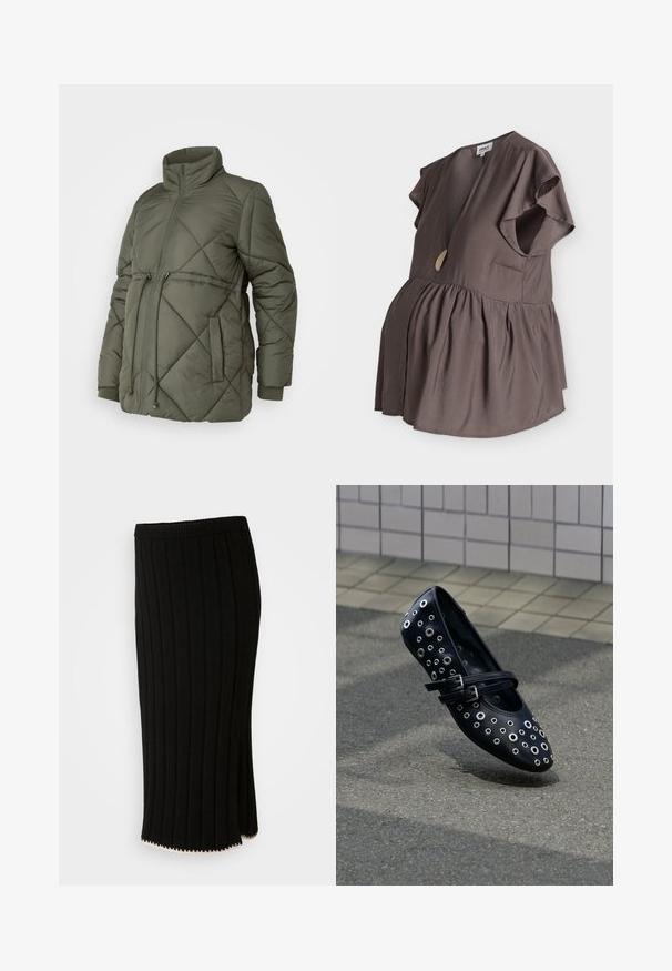 Olijfgroene, gequiltte pufferjas met een hoge kraag, ritssluiting aan de voorkant, elastische manchetten en een verstelbare koord aan de taille.; Bruine zwangerschapsblouse met korte mouwen, V-hals, gouden knoopdetails, geplooide taille en losse, vloeiende stof. Geen personen zichtbaar.; Zwarte gebreide rok met verticale ribbels, een aansluitende tailleband en een zijsplit met een decoratieve gouden accent op de zoom.; Zwart leren platte schoen met ronde uitsnijdingen en decoratieve oogjes. Voorzien van verstelbare dubbele band en afgeronde neus.