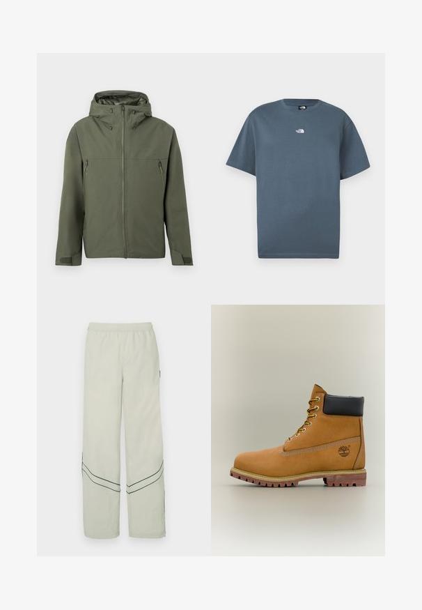 Veste vert olive avec fermeture éclair, capuche réglable et deux poches avant zippées. Design minimaliste avec tissu texturé.; T-shirt bleu à manches courtes avec col rond et petit logo blanc "The North Face" centré sur la poitrine.; Pantalon ample vert clair avec une taille élastique, présentant des lignes diagonales vert foncé et un design simple. Tissu lisse et léger.; Bottine en cuir marron avec col noir, lacets jaunes et semelle beige. Présente un logo et des détails de couture blanche. Semelle extérieure à traction robuste.