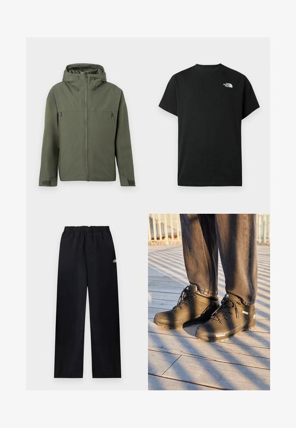Veste vert olive avec fermeture éclair, capuche réglable et deux poches avant zippées. Design minimaliste avec tissu texturé.; T-shirt noir à manches courtes en coton. Présente un logo blanc sur le côté gauche de la poitrine. Coupe simple avec un col rond et des détails de design minimalistes.; Pantalon droit à taille élastique noire avec petit logo blanc sur la partie supérieure de la cuisse droite, présenté à plat sur un fond clair.; Des bottes de randonnée Timberland noires présentent un design montante, une surface texturée et des lacets ronds, le tout sur un fond de sol en bois.