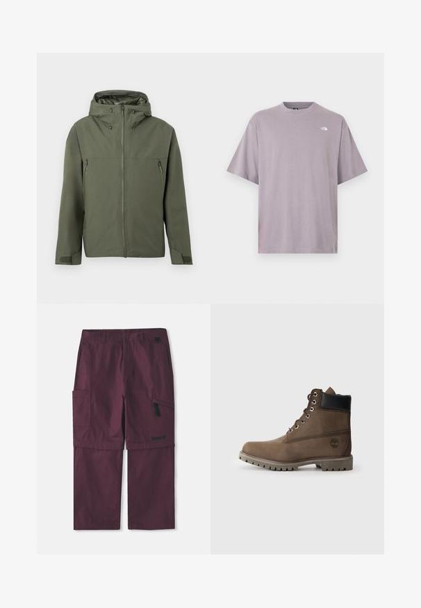 Veste vert olive avec fermeture éclair, capuche réglable et deux poches avant zippées. Design minimaliste avec tissu texturé.; T-shirt à manches courtes et col rond en coton violet clair, avec un petit logo blanc sur le haut à gauche de la poitrine. Texture lisse, coupe décontractée.; Pantalons cargo convertibles bordeaux avec poche zippée sur le côté et logo Timberland sur la jambe droite, avec entrejambe allongé montré.; Bottines en cuir marron avec un col noir, œillets en métal et semelle grise robuste. Comprend un logo sur le côté et des détails cousus.