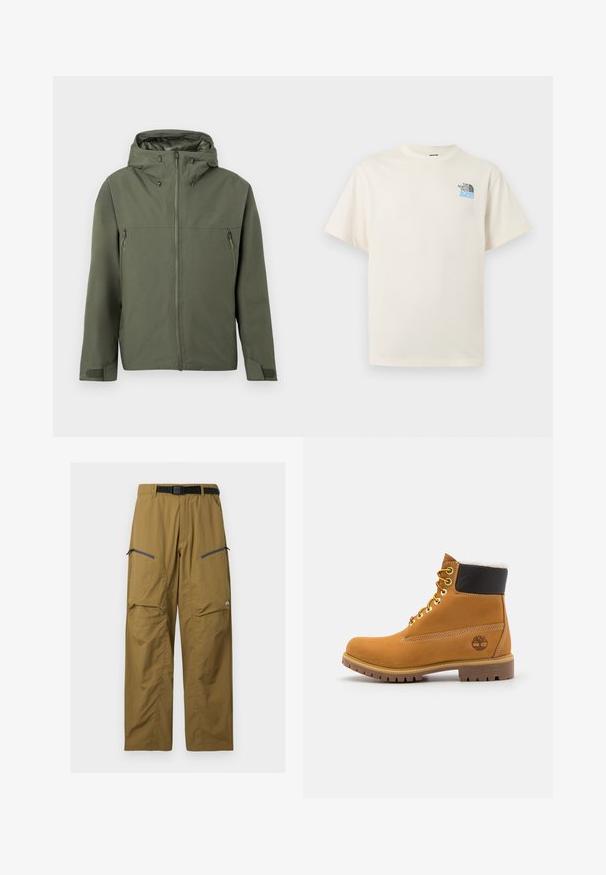 Veste vert olive avec fermeture éclair, capuche réglable et deux poches avant zippées. Design minimaliste avec tissu texturé.; T-shirt à manches courtes couleur blanc cassé avec col rond et petit logo The North Face noir et bleu sur la poitrine gauche.; Pantalon de plein air kaki avec ceinture noire réglable, deux poches zippées sur les cuisses et coutures au niveau des genoux, présenté sur un fond uni.; Bottine en cuir brun avec œillets en métal, doublure en fourrure blanche, col rembourré noir, semelle robuste et logo en relief sur le côté.