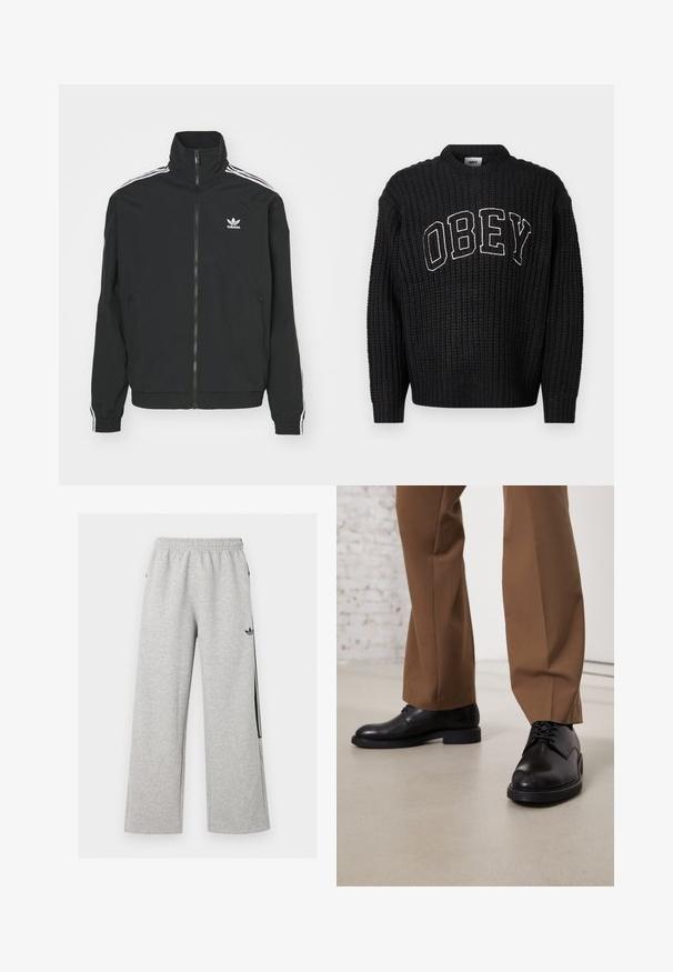 Sort jakke med høj krave, lynlås lukning og to sidelommer. Hvite tre-stribe accenter på ærmerne og lille logo på brystet.; Sort strikket sweater med rund halsudskæring, med "OBEY" i hvid broderi hen over brystet. Strukturmønster over hele.; Lysegrå vidtløftede joggingbukser med elastisk talje og sort Adidas trefoil-logo på højre lår.; Sorte læder sko med glat overflade og rund tå, der har snørebåndslukning og en lav, flad sål. Sammen med brune bukser.
