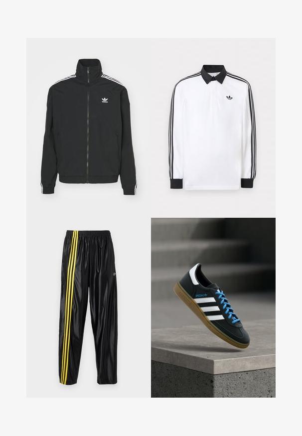 Zwarte jas met hoge kraag, ritssluiting en twee zijzakken. Witte drie-strepen accenten op de mouwen en klein logo op de borst.; Witte lange mouwen polo met zwarte kraag, zwarte manchetten, zwart drie-strepen ontwerp op de mouwen en zwart Adidas-logo op de borst.; Zwarte sportbroek van glanzend materiaal met een elastische tailleband, voorzien van twee gele strepen langs de zijkant en een klein logo.; Zwarte Adidas-sneaker met witte strepen, blauwe veters en een gumzool die boven een grijze betonnen trede zweeft in zacht licht.