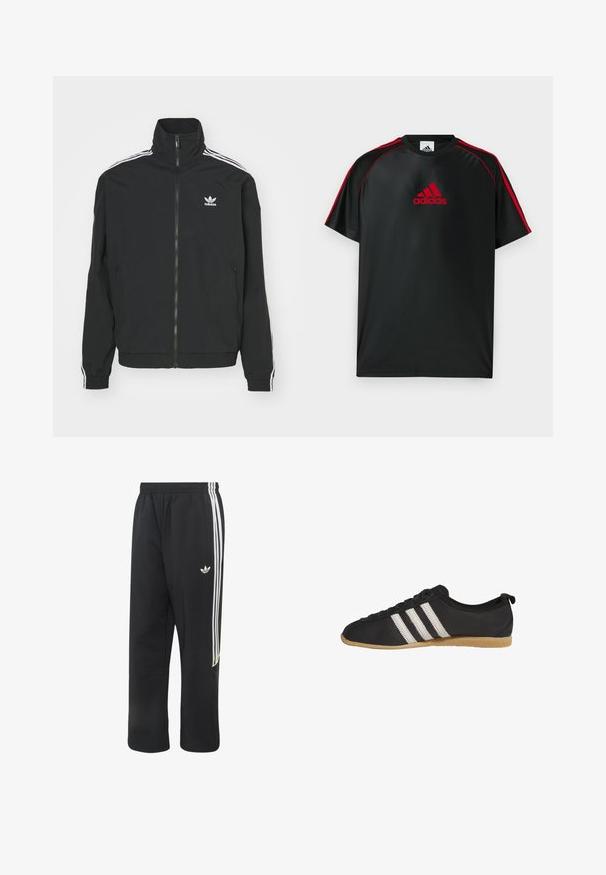 Zwarte jas met hoge kraag, ritssluiting en twee zijzakken. Witte drie-strepen accenten op de mouwen en klein logo op de borst.; Zwart atletisch T-shirt met rode accenten en logo. Gemaakt van een glad, lichtgewicht stof. Heeft een ronde hals en korte mouwen.; Zwarte Adidas trainingsbroek met witte drie strepen aan de zijkanten en een klein wit Adidas-logo op de bovenste linker dij.; Zwarte lage sneaker met witte strepen en bruine rubberen zool, zijaanzicht op een witte achtergrond.