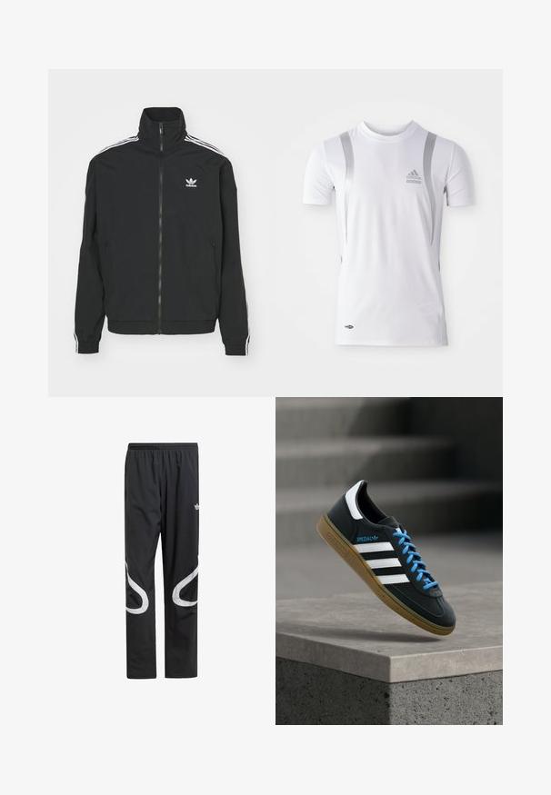 Zwarte jas met hoge kraag, ritssluiting en twee zijzakken. Witte drie-strepen accenten op de mouwen en klein logo op de borst.; Wit sportshirt met korte mouwen en zilveren accenten, met een ronde hals en een Adidas-logo op de borst. Gemaakt van vochtafvoerend materiaal.; Zwarte sportbroek met een elastische tailleband, voorzien van grote witte gebogen accenten aan de zijkanten en een klein logo op de bovenbenen.; Zwarte Adidas-sneaker met witte strepen, blauwe veters en een gumzool die boven een grijze betonnen trede zweeft in zacht licht.