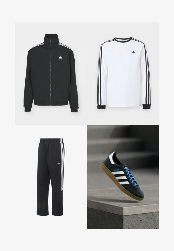 Zwarte jas met hoge kraag, ritssluiting en twee zijzakken. Witte drie-strepen accenten op de mouwen en klein logo op de borst.; Wit Adidas shirt met lange mouwen, zwarte ronde hals, zwarte boordjes, drie zwarte strepen langs de mouwen en een zwart trefoil-logo op de borst.; Zwarte Adidas trainingsbroek met witte drie strepen aan de zijkanten en een klein wit Adidas-logo op de bovenste linker dij.; Zwarte Adidas-sneaker met witte strepen, blauwe veters en een gumzool die boven een grijze betonnen trede zweeft in zacht licht.