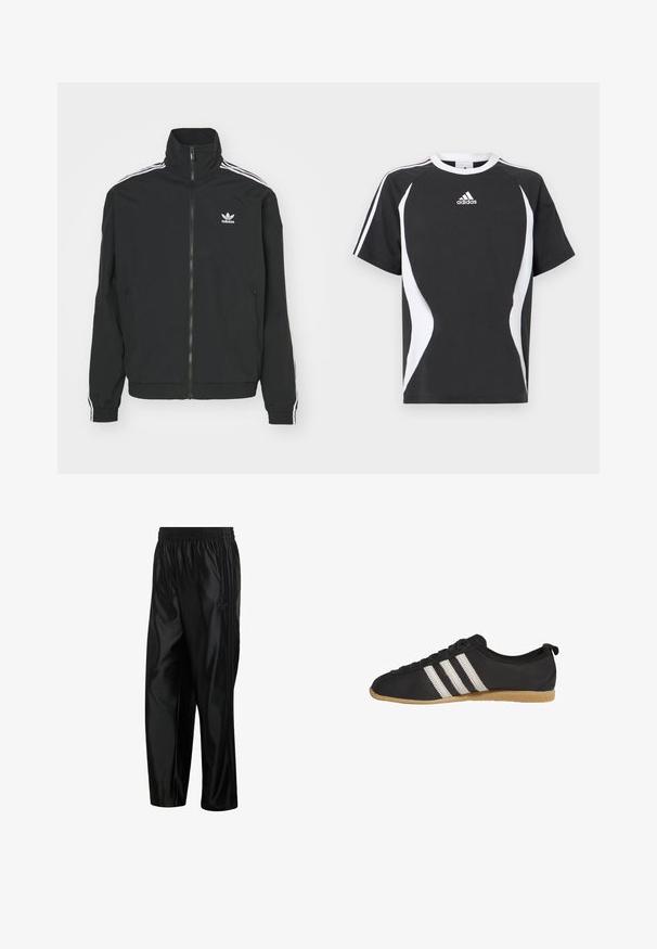 Zwarte jas met hoge kraag, ritssluiting en twee zijzakken. Witte drie-strepen accenten op de mouwen en klein logo op de borst.; Zwart T-shirt met korte mouwen met witte designelementen en het Adidas-logo op de borst. Gemaakt van zacht katoen met een ronde hals.; Zwarte glanzende sportbroek met elastische tailleband, zijzakken met rits en tonale strepen langs de zijkanten.; Zwarte lage sneaker met witte strepen en bruine rubberen zool, zijaanzicht op een witte achtergrond.