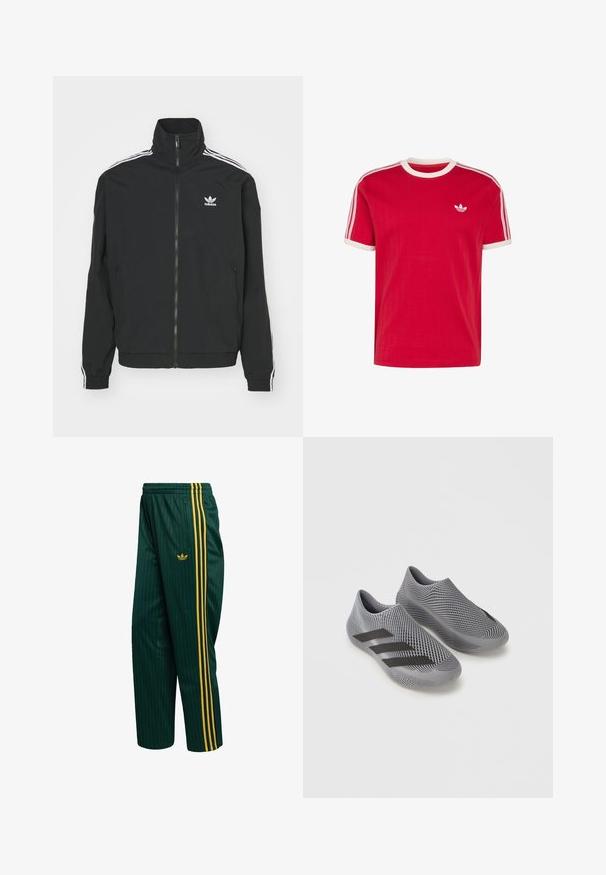 Sort jakke med høj krave, lynlås lukning og to sidelommer. Hvite tre-stribe accenter på ærmerne og lille logo på brystet.; Rød kortærmet Adidas T-shirt med hvid rund krave og ærmekanter, hvide tre striber på skuldrene, lille trebladet logo på venstre bryst.; Grønne træningsbukser med striber, lavet af glat materiale, med gule sidebjælker og et lille logo foran. Inkluderer lynlåslomme.; Par grå slip-on sportssko med sort stripet mønster og tre sorte Adidas-striber på siden, på hvid baggrund.