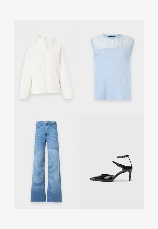 Veste matelassée blanche avec col haut, manches longues, fermeture éclair avant et poches latérales sur fond uni.; Haut sans manches bleu clair en coton lisse, avec une partie supérieure transparente et un détail brodé "Karl" à l'avant.; Jean bleu clair à jambes larges avec taille haute, bouton à l'avant et poches, présentant un motif floral subtil lavé sur les jambes.; Talons en cuir verni noir avec un bout pointu, des sangles de cheville ajustables et un talon fin. Texture lisse avec une finition brillante.
