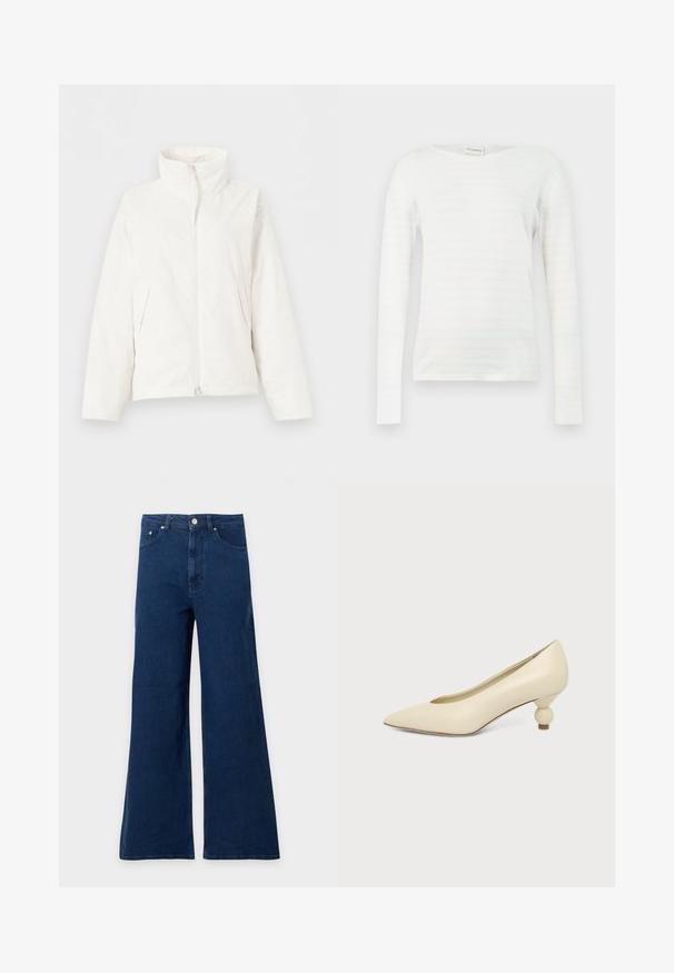 Veste matelassée blanche avec col haut, manches longues, fermeture éclair avant et poches latérales sur fond uni.; Chemise blanche à manches longues avec de fines rayures horizontales roses, dotée d'un col en V et d'une coupe décontractée. Texture douce, style casual.; Jean en denim bleu foncé à jambes larges avec poches avant, passants de ceinture et fermeture par bouton à la taille, présenté sur un fond uni.; Chaussure femme couleur crème à bout pointu avec un petit talon rond en forme de boule, sur fond uni.