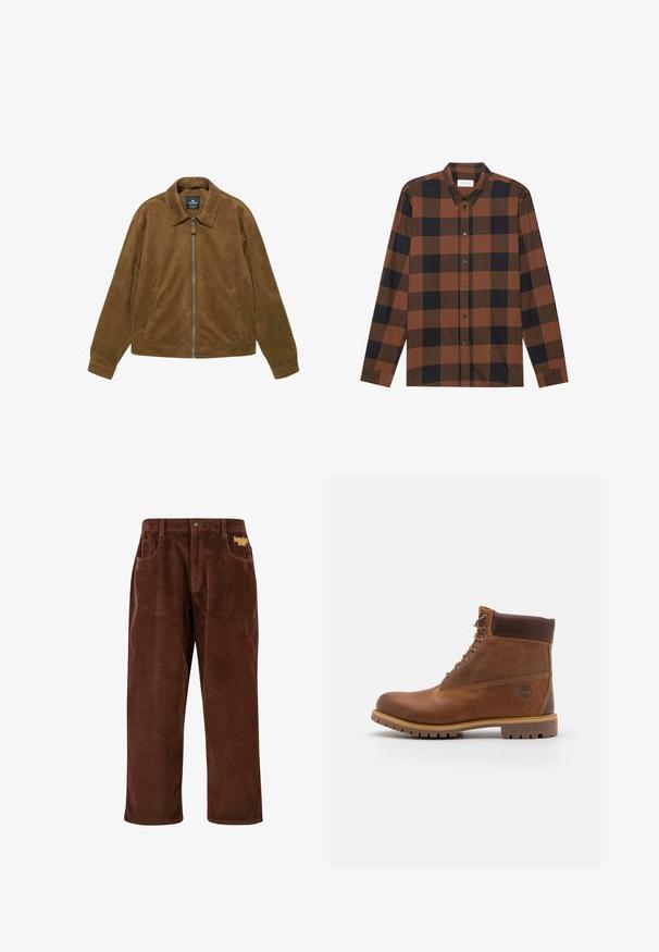 Veste zippée en suède marron avec col et deux poches latérales, coupe décontractée et manches longues.; Chemise à manches longues à carreaux marron et noir en tissu, avec un col à rabat et une patte de boutonnage ; présente des manches à poignets.; Pantalons en velours côtelé marron avec une texture ribbed, jambes droites, poches avant et un logo brodé jaune près de la taille.; Botte de randonnée en cuir marron avec une finition lisse, cheville rembourrée, œillets en métal et semelle en caoutchouc dotée d'un motif de crampons robuste.