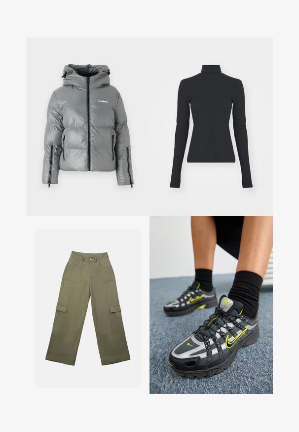 Grå pufferjakke med hætte, der har en frontlynlås, to sidelommer med lynlås og et logo på brystet. Glat, shiny stof.; Sort ribbet turtle neck bluse med lange ærmer, tætsiddende pasform, glat tekstur og subtil stræk, designet til komfort og lagdeling.; Olivengrønne cargo bukser med høj talje, brede ben og to store sidelommer. Fremstillet af glat stof med knaplukning.; Sorte og grå atletiske sko med refleksive sølvdetaljer, teksturerede mesh-paneler og lysegule detaljer. Snørebåndsdesign med struktureret sål.