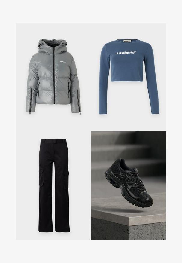 Grå pufferjakke med hætte, der har en frontlynlås, to sidelommer med lynlås og et logo på brystet. Glat, shiny stof.; Blå cropped langærmet skjorte lavet af blødt bomuld, med hvid broderet "lowlights" logo på forsiden. Glat overflade, ribbet halsudskæring.; Sorte cargo bukser lavet af slidstærkt stof, med to sidelommer og et lige ben-design. Glat tekstur med en klassisk pasform.; Sort Nike løbesko med mesh og syntetisk overdel, der svæver over en betonoverflade og trin i baggrunden.
