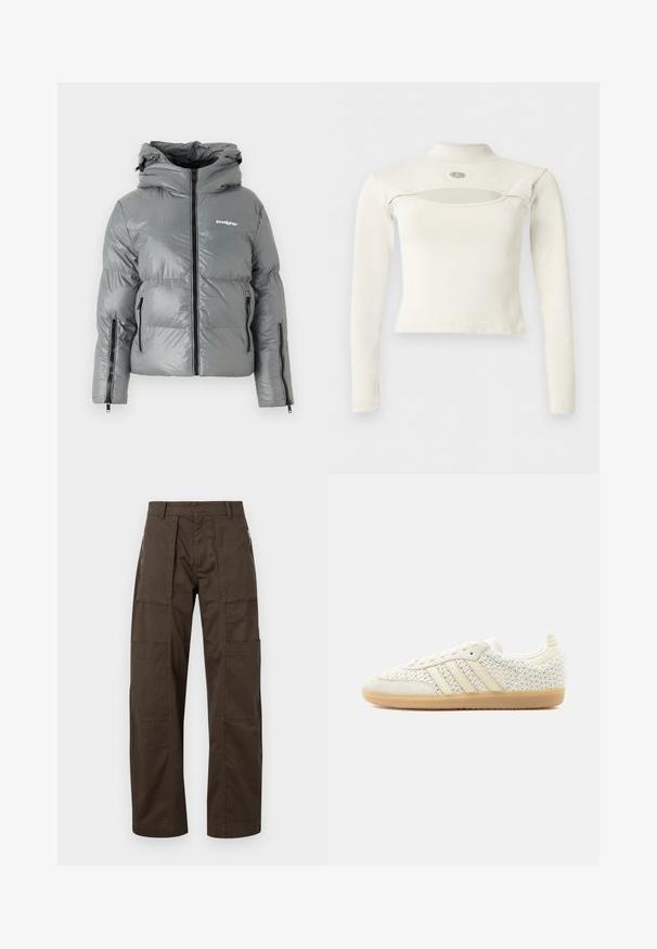 Grå pufferjakke med hætte, der har en frontlynlås, to sidelommer med lynlås og et logo på brystet. Glat, shiny stof.; Hvid cropped top med lange ærmer og høj hals, med en horisontal åbning nedenunder kraven og et lille rundt logo over åbningen.; Brune cargo bukser lavet af holdbart stof med flere lommer, en afslappet pasform og fremtrædende syninger for øget holdbarhed.; Hvid lavtop-sneaker med tekstureret vævet stof, beige læderstriber og gummisål, vist fra ydersiden mod en ensfarvet baggrund.