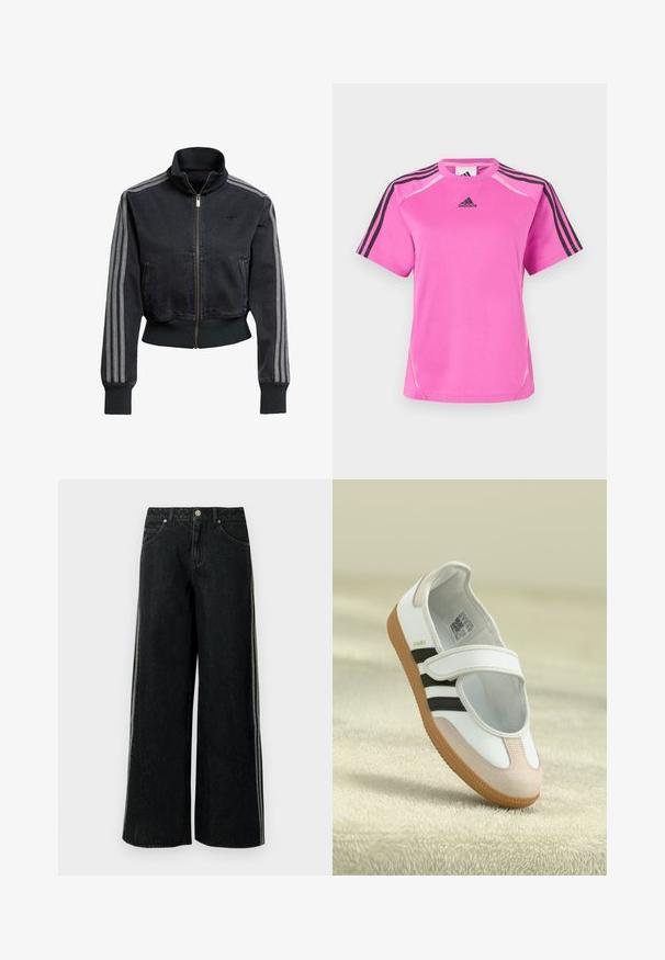 Svart denimjakke med glidelås foran, høy krage og grå tre-stripe detaljer på ermene. Har ribbede mansjetter og nederkant.; Lyse rosa Adidas sport T-skjorte med svart tre-stripesdetalj på ermene og svart Adidas-logo på brystet.; Svarte vidbenede denimjeans med stripes på siden, fremre lommer, beltehemper og metallknapp ved midjen.; Hvit sko med en rosa semsket tå, svarte striper og en borrelåsrem. Har en tan gummisåle og en logo på siden.