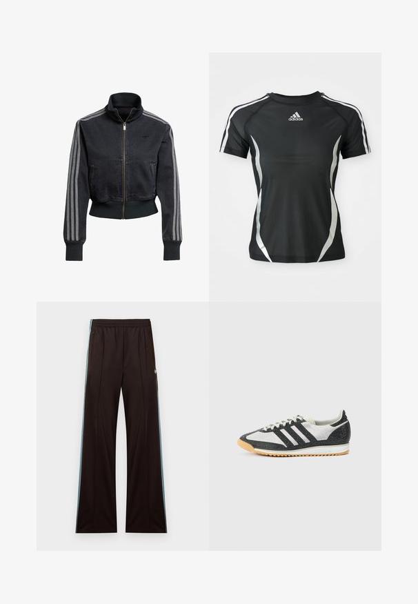 Sort denimjakke med lynlås foran, høj krave og grå tre-stribede accenter på ærmerne. Har ribbede manchetter og kant.; Sort Adidas atletisk T-shirt med korte ærmer, hvide striber på skuldrene og sølvfarvede buede detaljer på siderne.; Sorte løse bukser med lyseblå sidelommer, elastisk talje, lynlås på lommerne og Adidas-logo på venstre hofte.; Sort-hvid sportssko med en øvre del i mesh, tre sorte striber, tekstureret stof og en ydersål i gummigummi.