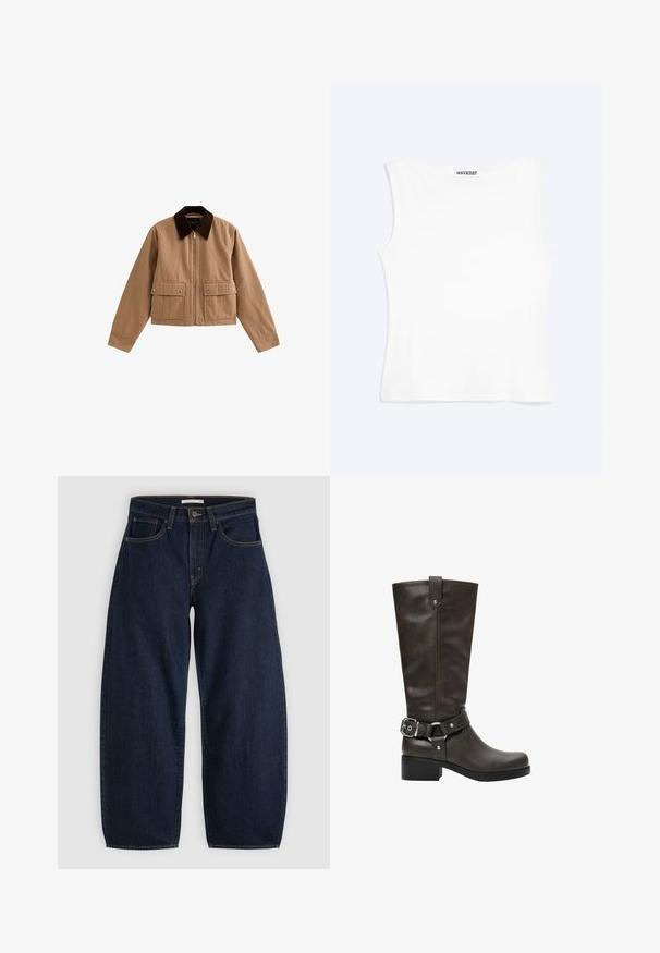 Tan ritsjack met een donkerbruine kraag en twee voorzakken met kleppen en drukknoopjes, plat gelegd op een witte achtergrond.; Wit nauwsluitend mouwloos tanktopje met een ronde halslijn en minimalistisch ontwerp, met het label "WEEKDAY" aan de binnenkant van de kraag.; Donkerblauwe wijde spijkerbroek met knoop- en ritssluiting aan de voorkant, riemlussen en een ontwerp met vijf zakken, platgelegd op een grijze achtergrond.; Donkerbruine leren laars tot halverwege de kuit met een lage blokhak en een decoratieve band met zilveren gesp rond de enkel.