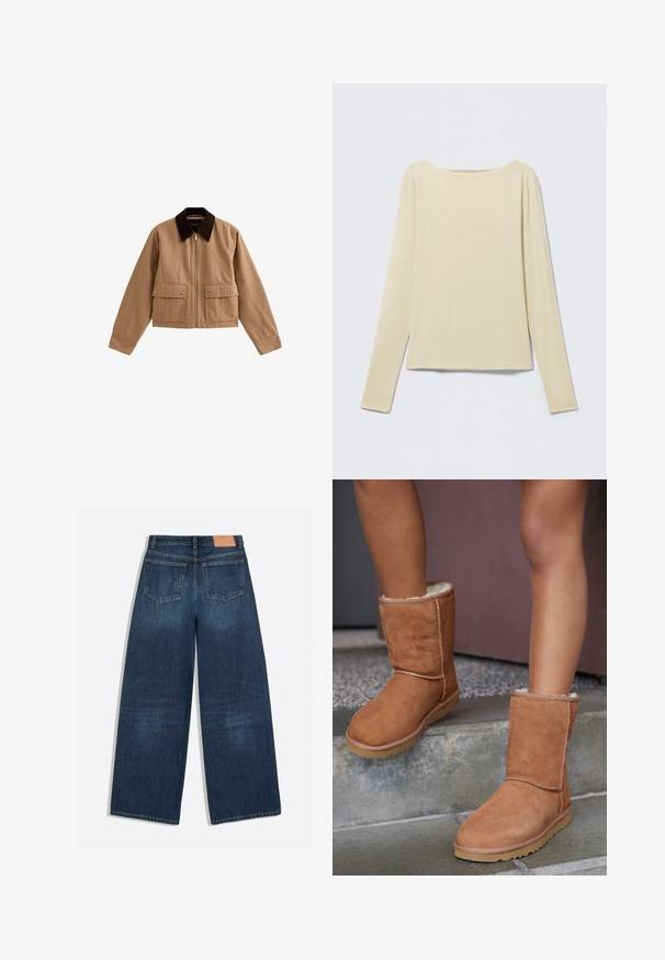 Tan ritsjack met een donkerbruine kraag en twee voorzakken met kleppen en drukknoopjes, plat gelegd op een witte achtergrond.; Beige langärmeliges nauwsluitend shirt mit einem Boot-Ausschnitt, flach auf einem hellen Hintergrund liegend.; Donkerblauwe denim jeans met wijde pijpen, twee achterzakken en een bruin leren merkembleem aan de tailleband.; Bruine suède enkellaarsjes met een ronde neus, zachte voering en een rubberen zool, met zichtbaar stiksel langs de naden.