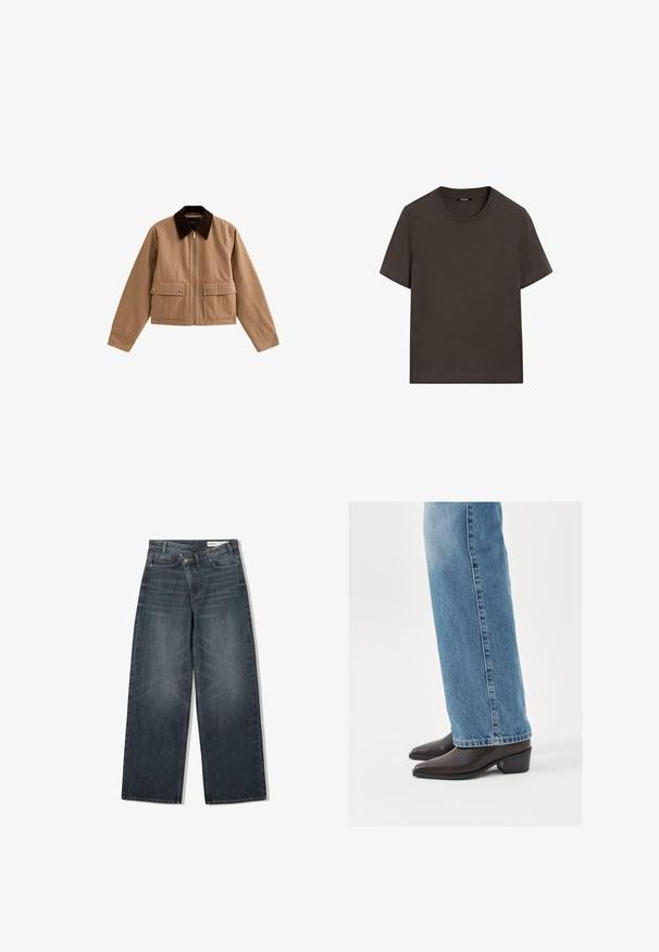 Tan ritsjack met een donkerbruine kraag en twee voorzakken met kleppen en drukknoopjes, plat gelegd op een witte achtergrond.; Donkerbruin T-shirt met korte mouwen, gemaakt van katoen. Heeft een ronde halslijn en een ontspannen pasvorm, zonder zichtbare patronen of accenten.; Donker gewassen spijkerbroek met een wijde pijpdesign, voorzien van een hoge taille, vijf zakken en subtiele wassing aan de voorkant.; Bruine leren enkellaarzen met een spitse neus en blokhak, gecombineerd met lichtblauwe recht gesneden jeans, die een schoon en eenvoudig ontwerp tonen.